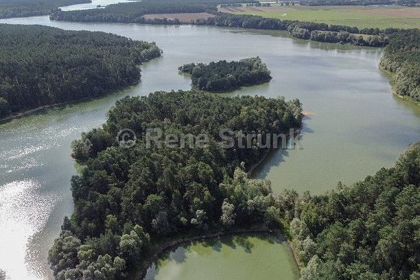 Drohnenaufnahmen Kyritzer Seenkette umgeben von üppigen Bäumen und einem kleinen Waldgebiet.